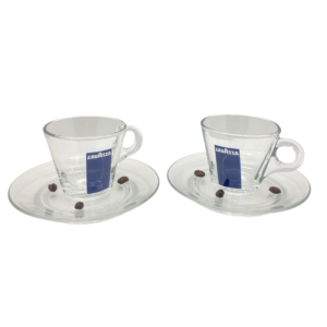 tasses à café et ses soucoupes en verre transparentes Lavazza